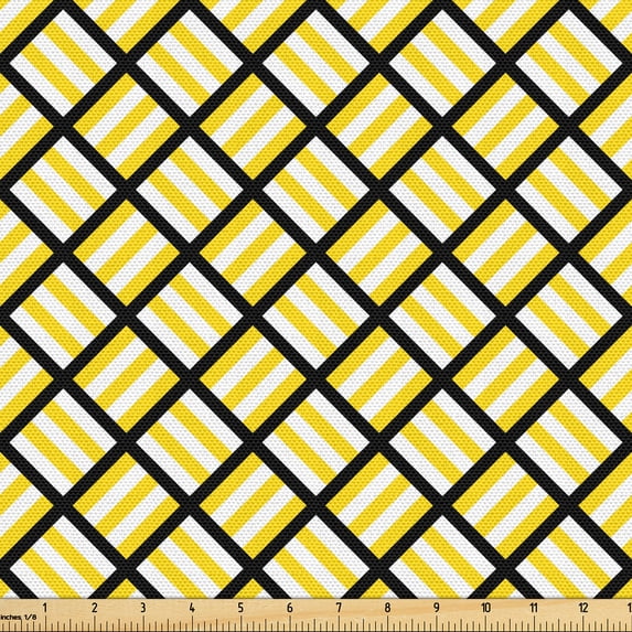 Ambesonne Retro Fabric by the Yard Upholstery, Lines Squares Abstract Plot, 5 Yards, Yellow and Charcoal Grey
