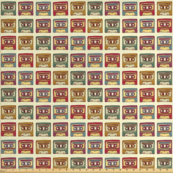 Ambesonne Retro Fabric by the Yard Upholstery, Old Audio Cassettes Music, 5 Yards, Multicolor