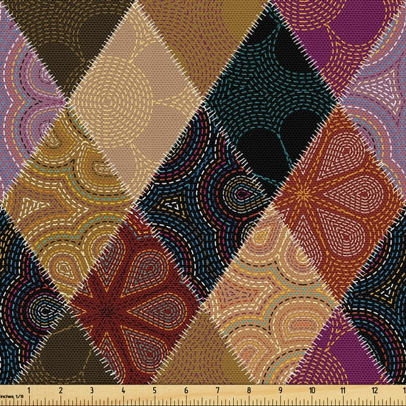 Ambesonne Retro Fabric by the Yard Upholstery, Ornamental Rhombuses Plot, 10 Yards, Pale Brown Dark Purple