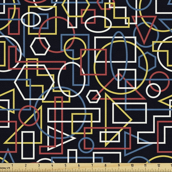 Ambesonne Retro Fabric by the Yard Upholstery, Overlapped Geometric Shapes, 5 Yards, Dark Pink Mustard Blue