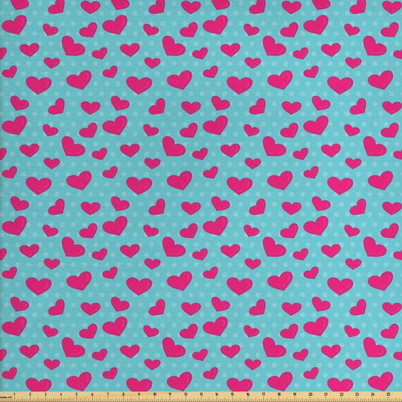 Ambesonne Retro Fabric by the Yard Upholstery, Pink Heart on Polka Dots, 5 Yards, Hot Pink and Turquoise