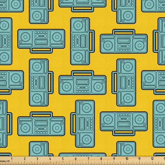 Ambesonne Retro Fabric by the Yard Upholstery, Repeating Boomboxes Pattern, 2 Yards, Earth Yellow Seafoam