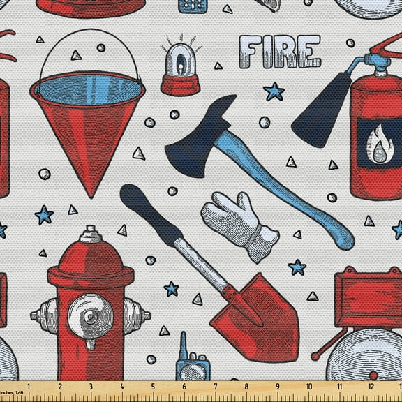 Ambesonne Retro Fabric by the Yard Upholstery, Sketch Fireman Motifs Art, 1 Yard, Dark Coral Sea Blue
