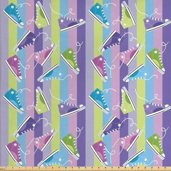 Ambesonne Retro Fabric by the Yard Upholstery, Sneakers Stripes Youth, 5 Yards, Multicolor