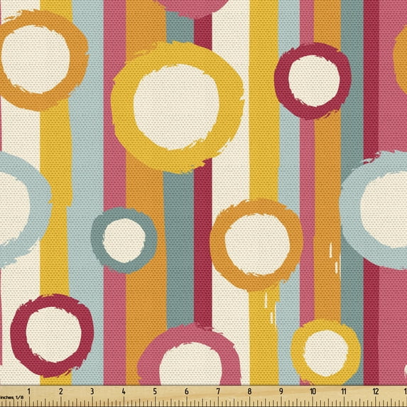 Ambesonne Retro Fabric by the Yard Upholstery, Stripes and Circles, 2 Yards, Multicolor