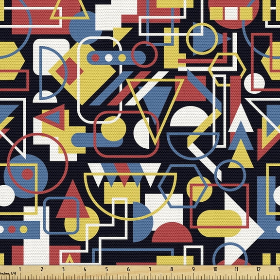 Ambesonne Retro Fabric by the Yard Upholstery, Triangle Rectangle Circle, 1 Yard, Mustard Sea Blue White