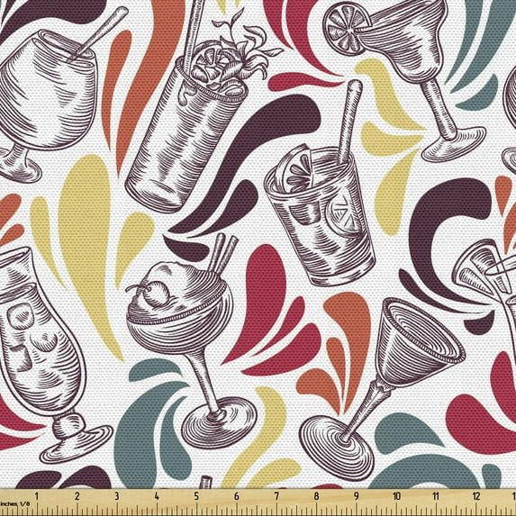 Ambesonne Retro Fabric by the Yard Upholstery, Vintage Cocktails Motifs Art, 1 Yard, Multicolor