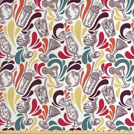 Ambesonne Retro Fabric by the Yard Upholstery, Vintage Cocktails Motifs Art, 5 Yards, Multicolor
