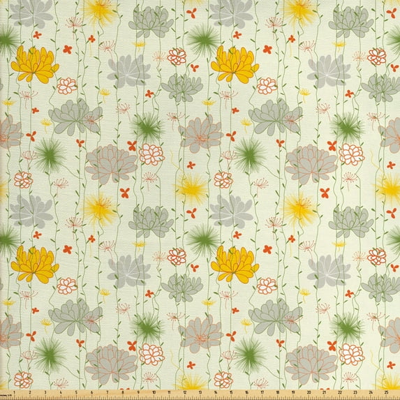Ambesonne Retro Fabric by the Yard Upholstery, Vintage Flower Leafs, 2 Yards, Multicolor