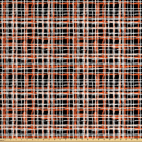 Ambesonne Retro Fabric by the Yard Upholstery, Vintage Striped Grid Art, 5 Yards, Black Orange White