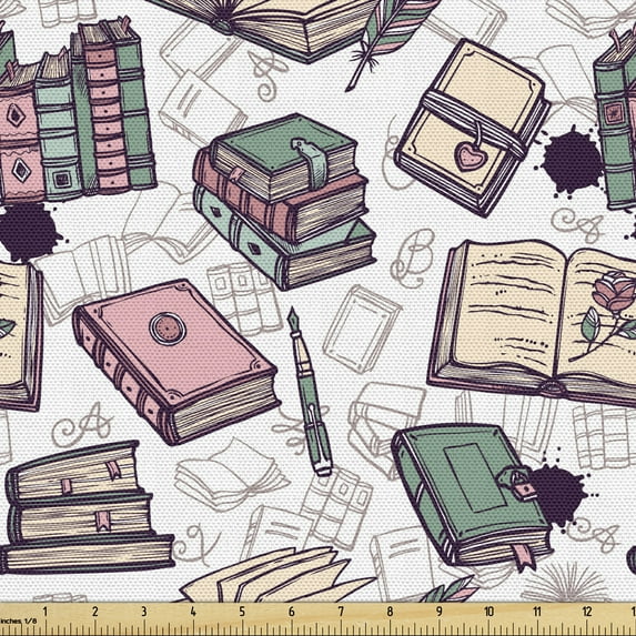 Ambesonne Retro Fabric by the Yard Upholstery, Vintage Style Old Books Art, 5 Yards, Pearl and Multicolor