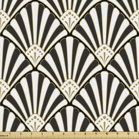 Ambesonne Retro Fabric by the Yard Upholstery, Wave Geometric Motif Art Deco, 10 Yards, Dark Grey White Fawn