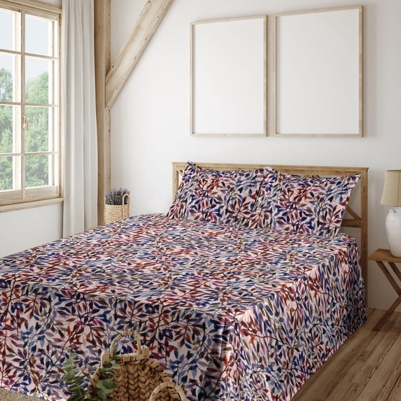 Ambesonne Retro Fitted & Flat Sheet with Shams 4 Pcs Set, Autumn Minimalist Leaves Art, Calking, Dark Rust Lavender and Blue