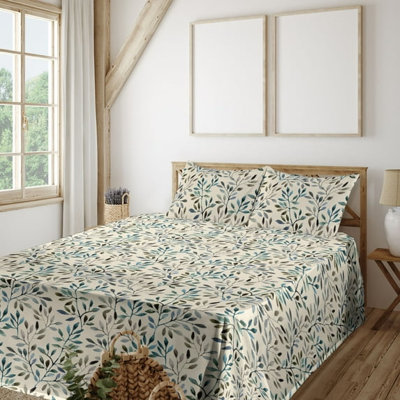 Ambesonne Retro Fitted & Flat Sheet with Shams 4 Pcs Set, Colorful Autumn Flowers Plot, Full, Dark Petrol Blue and Sepia
