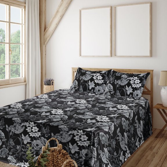Ambesonne Retro Fitted & Flat Sheet with Shams 4 Pcs Set, Dark Theme Flowers Pattern, King, Charcoal Grey and White