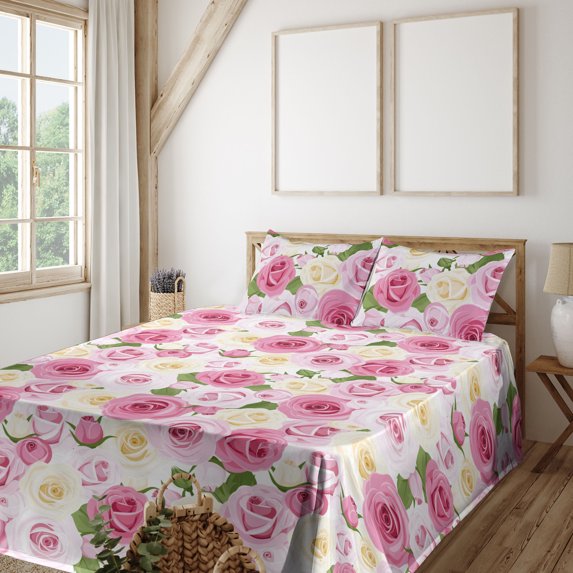 Ambesonne Retro Fitted & Flat Sheet with Shams 4 Pcs Set, Roses Leaves Vintage Plot, Queen, Pale Pink Reseda Green