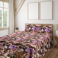 thumbnail image 1 of Ambesonne Retro Fitted & Flat Sheet with Shams 4 Pcs Set, Vintage Floral Art Nostalgia, Calking, Redwood Lilac Black, 1 of 1