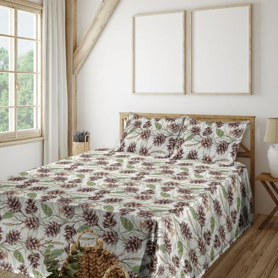 Ambesonne Retro Fitted & Flat Sheet with Shams 4 Pcs Set, Watercolor Fir Cones Plot, Full, Dark Rosewood and Sage Green
