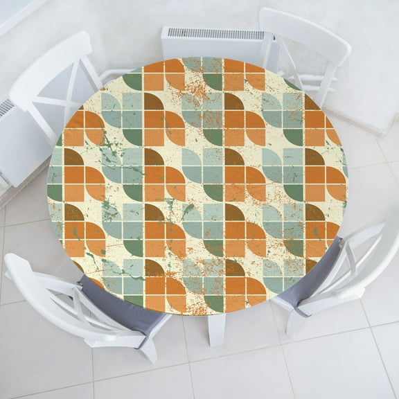 Ambesonne Retro Fitted Round Tablecloth, Colorful Grungy Motifs Art, 40"- 44" Diameter, Persian Orange and Sage Green