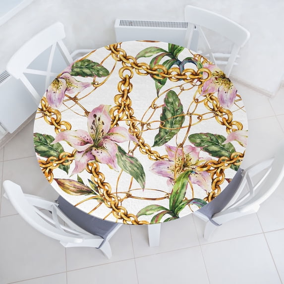 Ambesonne Retro Fitted Round Tablecloth, Lily Flowers Chain Look Print, 56"- 60" Diameter, Blush Mustard Fern Green