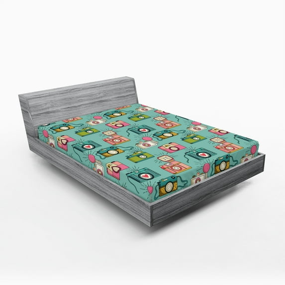 Ambesonne Retro Fitted Sheet 2 Pcs Set, Hipster Photo Cameras, Queen, Multicolor
