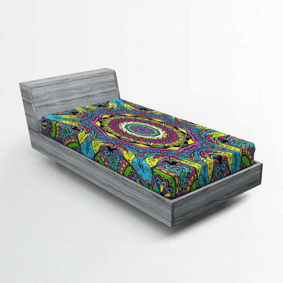 Ambesonne Retro Fitted Sheet, Abstract Hippie Forms, Twin Size, Multicolor