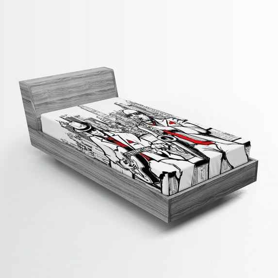 Ambesonne Retro Fitted Sheet, Beats in New York Night, Twin XL Size, Red Black Ecru