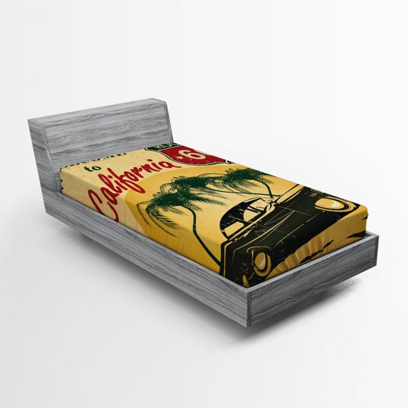 Ambesonne Retro Fitted Sheet, California Advertising, Twin Size, Red Emerald