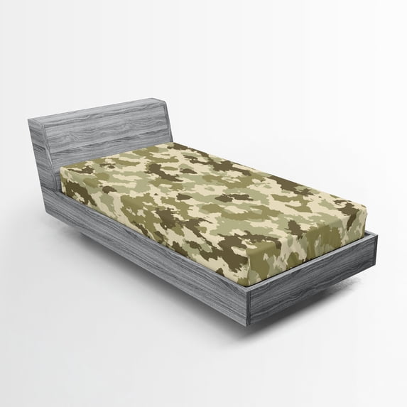 Ambesonne Retro Fitted Sheet, Camouflage Survival Theme, Twin XL Size, Pale Green Army Green