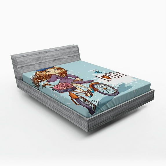 Ambesonne Retro Fitted Sheet, Cartoon Girl with Bike, Full Size, Purple Grey and White