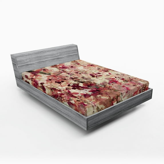 Ambesonne Retro Fitted Sheet, Cherry Blossoms Floral, Full Size, Beige and Pink