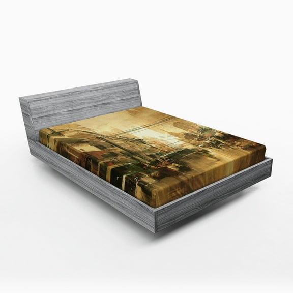 Ambesonne Retro Fitted Sheet, City Street View, Queen Size, Sand Brown