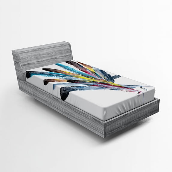 Ambesonne Retro Fitted Sheet, Colorful Feathers Old Pen, Twin Size, Multicolor