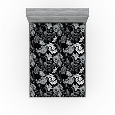 Ambesonne Retro Fitted Sheet, Dark Theme Flowers Pattern, California King, Charcoal Grey and White