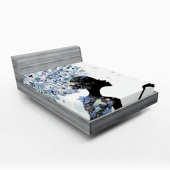 Ambesonne Retro Fitted Sheet, Flower Haired Snowflakes, Queen Size, Slate Blue and Black