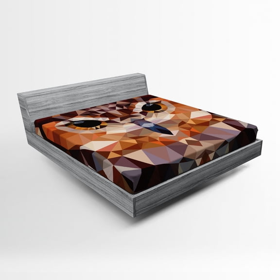 Ambesonne Retro Fitted Sheet, Geometric Mosaic Owl Art, Queen Size, Orange Brown