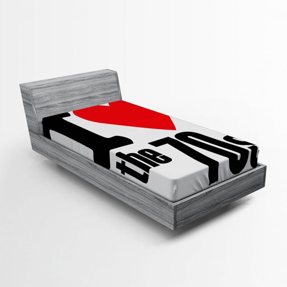 Ambesonne Retro Fitted Sheet, I Love the 70s Pictogram, Twin Size, Red Black White