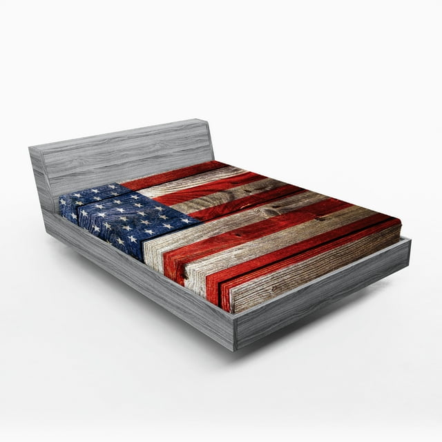 Ambesonne Retro Fitted Sheet, Independence Day Wall, King Size, Red Blue Tan