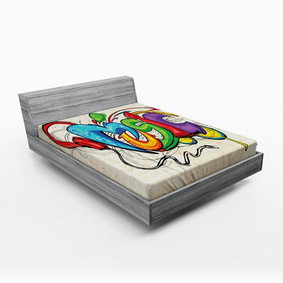 Ambesonne Retro Fitted Sheet, Music Graffiti Hip Hop, Full Size, Multicolor