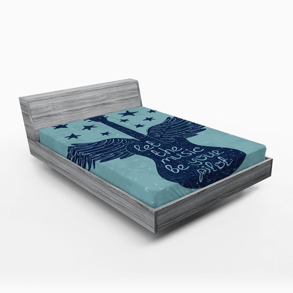 Ambesonne Retro Fitted Sheet, Music Guitar Wings Blue, Full Size, Dark Blue