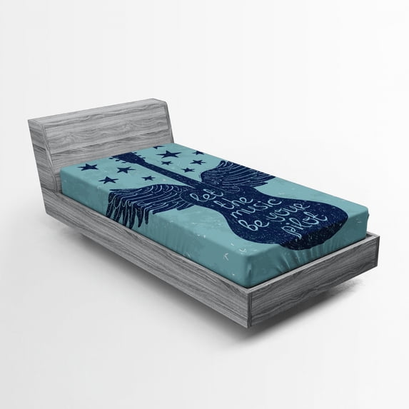 Ambesonne Retro Fitted Sheet, Music Guitar Wings Blue, Twin Size, Dark Blue