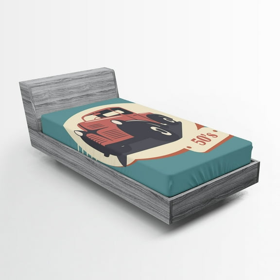 Ambesonne Retro Fitted Sheet, Nostalgic Antique Vehicle, Twin Size, Red Yellow Teal