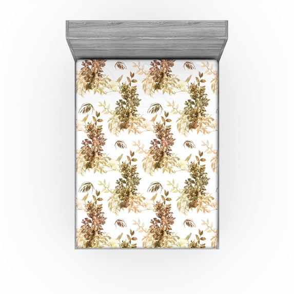 Ambesonne Retro Fitted Sheet, Nostalgic Botany Print Floral, Full Size, Slate Brown Warm Taupe