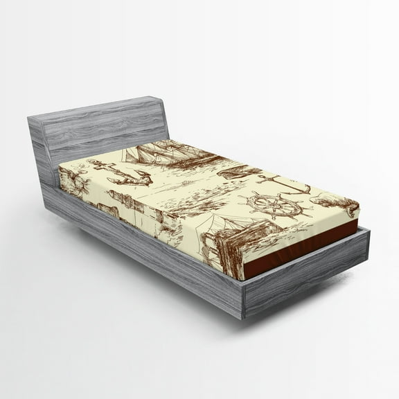 Ambesonne Retro Fitted Sheet, Oceanic Drawing Effect, Twin XL Size, Brown Cream