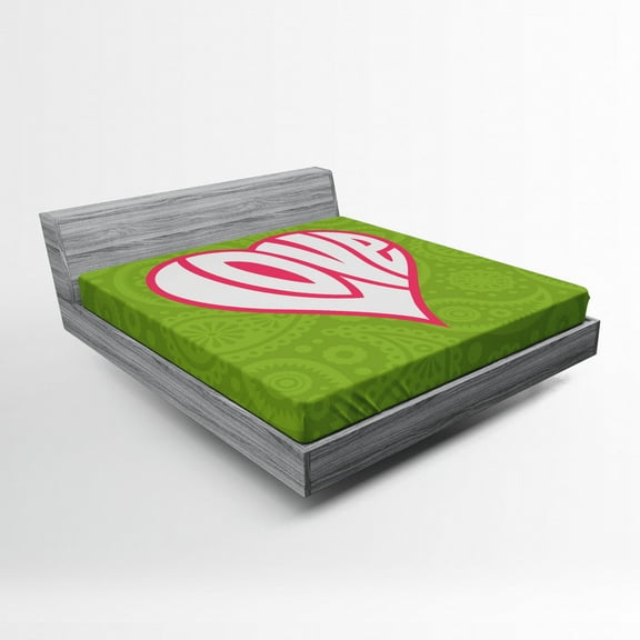 Ambesonne Retro Fitted Sheet, Paisley Love Nutrient, Queen Size, Green White Pink