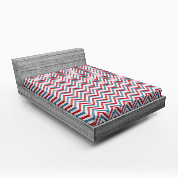 Ambesonne Retro Fitted Sheet, Pastel Zig Zag Pattern, Full Size, Pale Blue Red and White