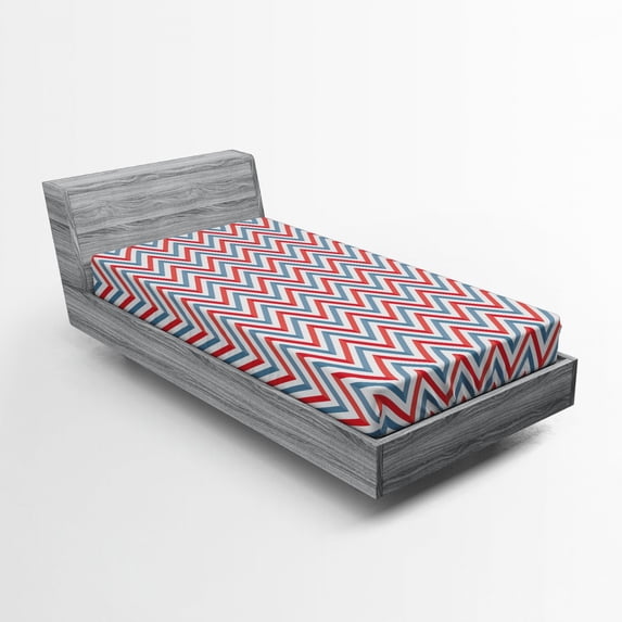 Ambesonne Retro Fitted Sheet, Pastel Zig Zag Pattern, Twin Size, Pale Blue Red and White