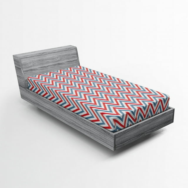 Ambesonne Retro Fitted Sheet, Pastel Zig Zag Pattern, Twin XL Size, Pale Blue Red and White