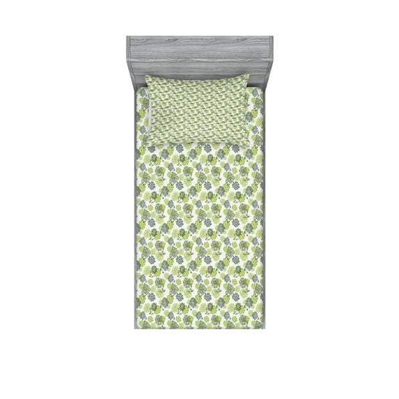 Ambesonne Retro Fitted Sheet & Pillow Sham Set, Abstract Floral Polka Dot, Twin, Apple Green Sage Green