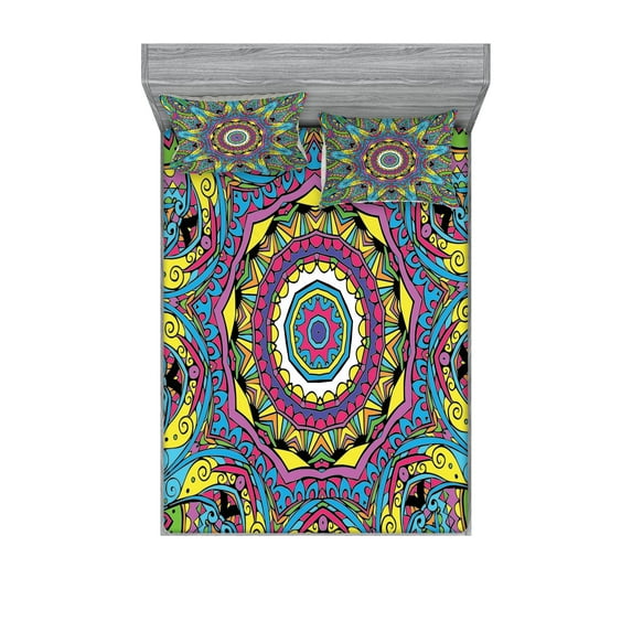 Ambesonne Retro Fitted Sheet & Pillow Sham Set, Abstract Hippie Forms, Queen, Multicolor